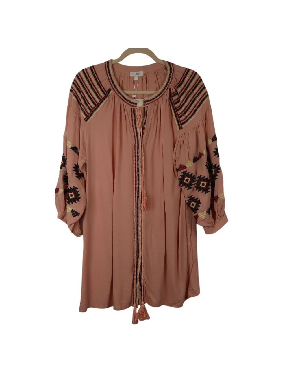 ✨3/$30 NWT Velzera L Boho Embroidered Peach Peasant Tunic Top Balloon Sleeves